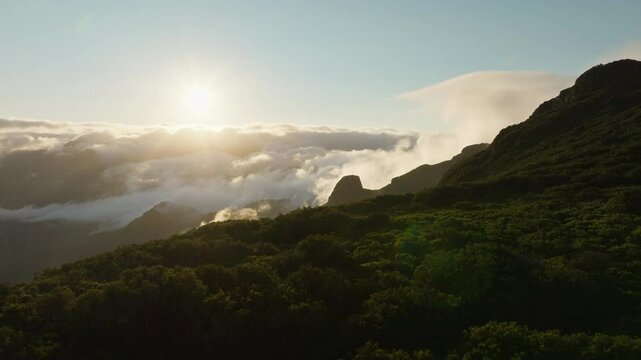 Beautiful sunrise over the mountains of Madeira, from Bica da Cana, aerial drone