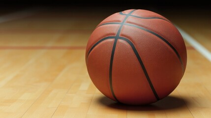 Obraz premium Basketball rests on polished wooden floor, shadows enhancing vib