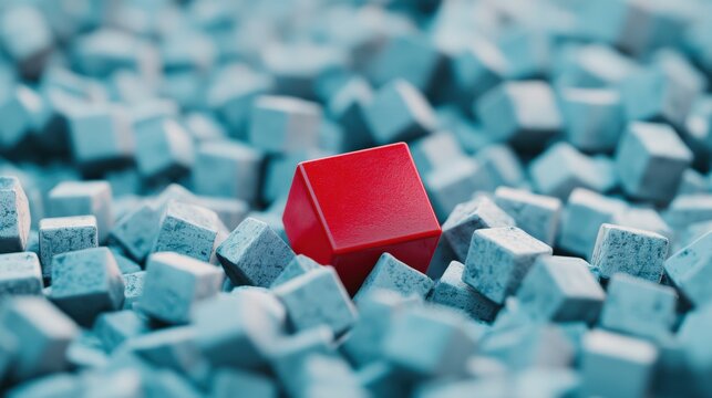A single bright red cube standing among a sea of gray ones.