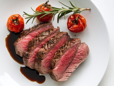 Juicy beef steak sliced thick, garnished with grilled tomatoes and rosemary sprig, presented elegantly.