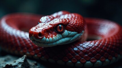 Obraz premium Intriguing Close-Up of a Vibrant Red Snake with Striking Orange Eyes, Coiled in a Mysterious Dark Setting, Showcasing Detailed Scales and Textured Skin