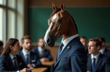 Animals in human roles participate in a business meeting with unique attire