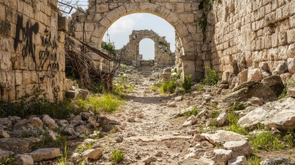 Obraz premium Massive Stone Arches Marking Historical Ruins with Overgrown Pathway