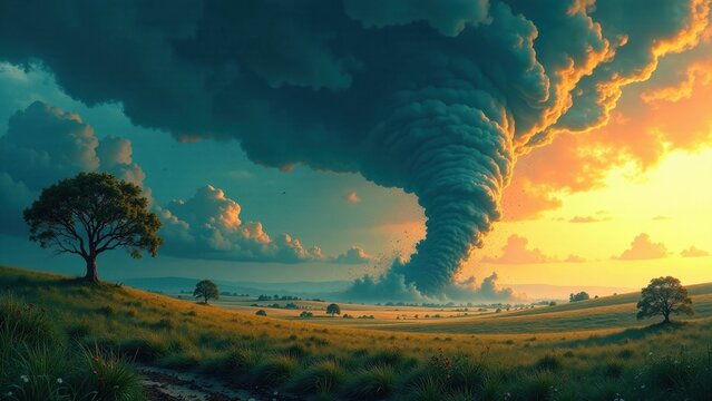 A swirling vortex of dark clouds descends upon a tranquil landscape of rolling hills and solitary trees at sunset