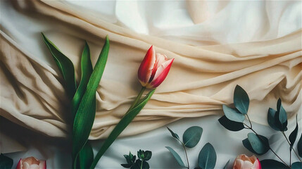 Flat lay red tulip on a white fabric table. Generative AI.