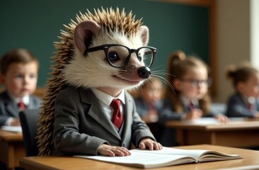 Hedgehog in a classroom setting learning alongside classmates dressed in suits