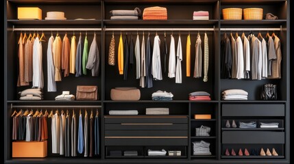 A wardrobe with a refined aesthetic, featuring a color-coordinated arrangement.