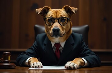 Dog dressed as a lawyer in a courtroom setting during daytime