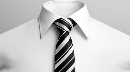 A white dress shirt with a slim black and white striped tie.