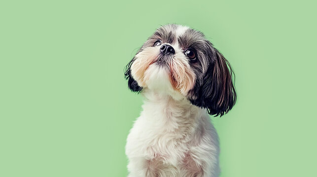 Cute shih tzu puppy looking up with attentive expression on light green background