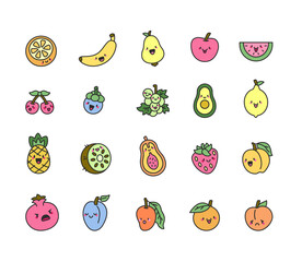 Adorable set of fresh and juicy fruits with charming cartoon characters expressing various emotions in a fun and friendly way for a delightful