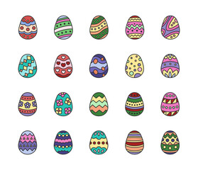 Easter egg holiday decoration set with traditional painted ornaments and festive symbols for seasonal celebration in cute outline clipart style for yours design projects