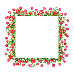 Obraz premium Fresh lingonberries and clover flowers background. Set of frames made of watercolor berries and clovers. Clip art, design element.