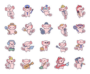 Axolotl professions set featuring adorable kawaii cartoon characters in various job roles, wearing hats and holding tools, perfect for your fun and creative illustrations