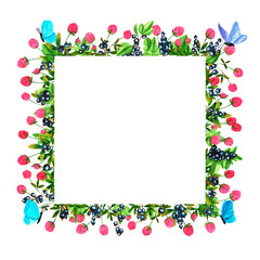 Fresh black currant berries and clover flowers background. Set of frames of watercolor berries and clovers, dragonflies, butterflies, bumblebees and bees. Clip art, design element.