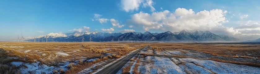Aerial view of a wind farm nestled near majestic mountain peaks under a clear blue sky.