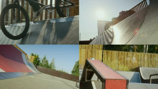 Split screen of professional BMX rider performing air tricks on ramp and riding bike on grind rail at urban skate park on sunny day