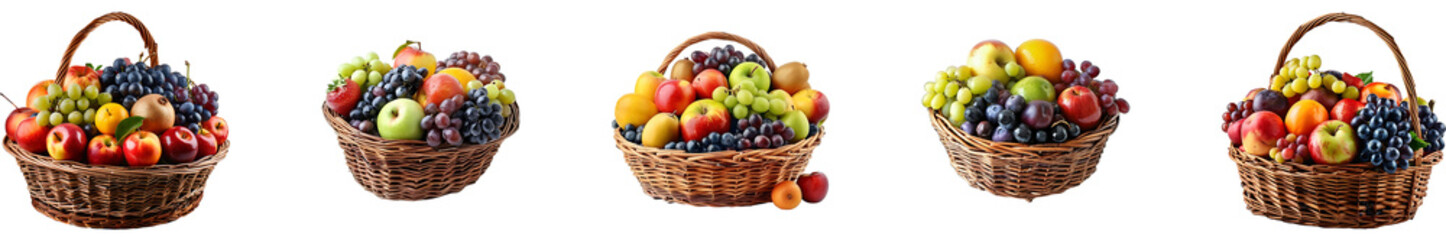 Fruits in basket on transparent background collection set