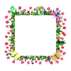 Fresh black currant berries and clover flowers background. Set of frames of watercolor berries and clovers, dragonflies, butterflies, bumblebees and bees. Clip art, design element.