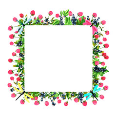 Fresh black currant berries and clover flowers background. Set of frames of watercolor berries and clovers, dragonflies, butterflies, bumblebees and bees. Clip art, design element.