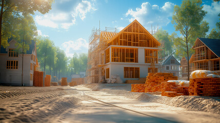 Wooden house is under construction surrounded by building materials and scaffolding in a residential area with trees