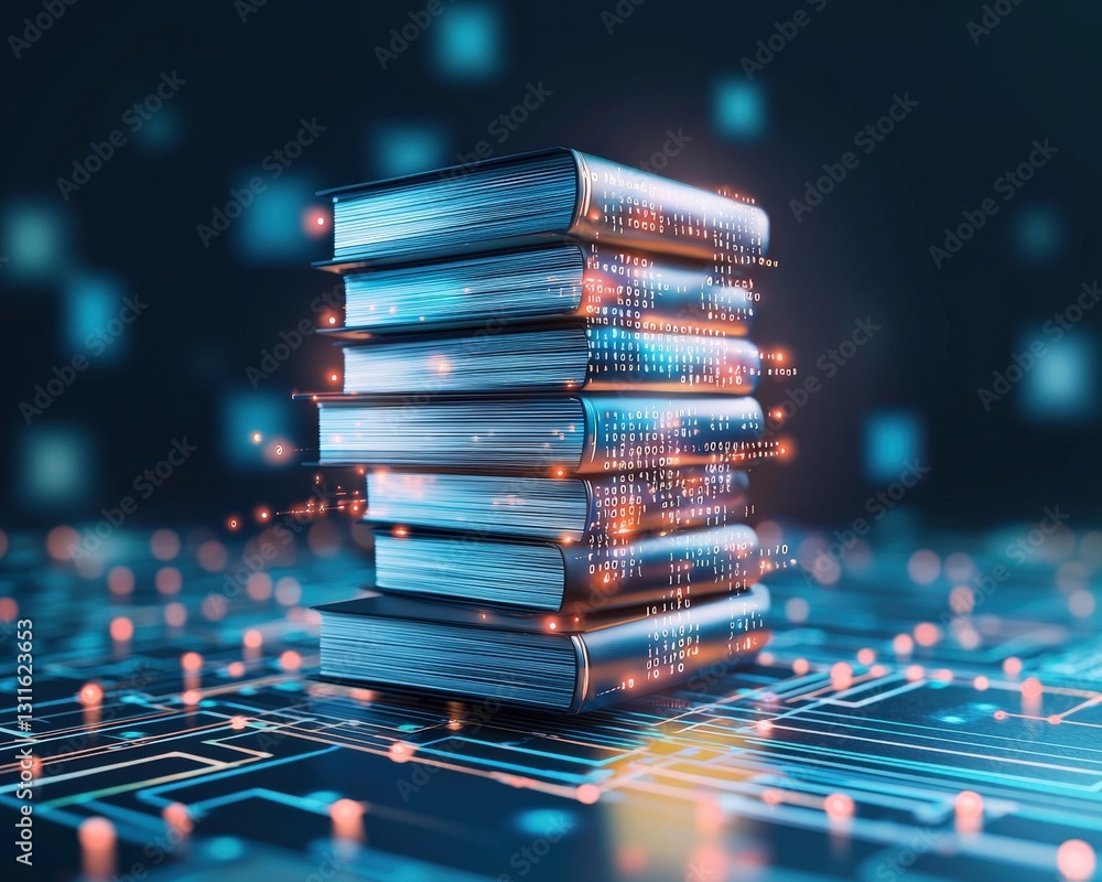 Poster a stack of glowing books transforming into a data chip, symbolizing knowledge digitization.