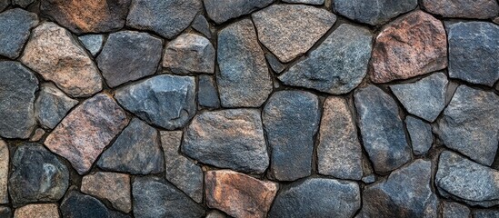 Obraz premium Textured stone wall with irregularly shaped dark grey and brown rocks neatly arranged, creating a natural rustic backdrop for design projects.