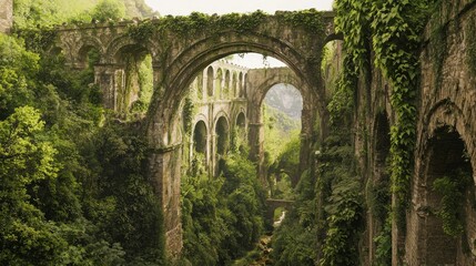 Ancient Broken Aqueduct with Arches Spanning Over Lush Landscape