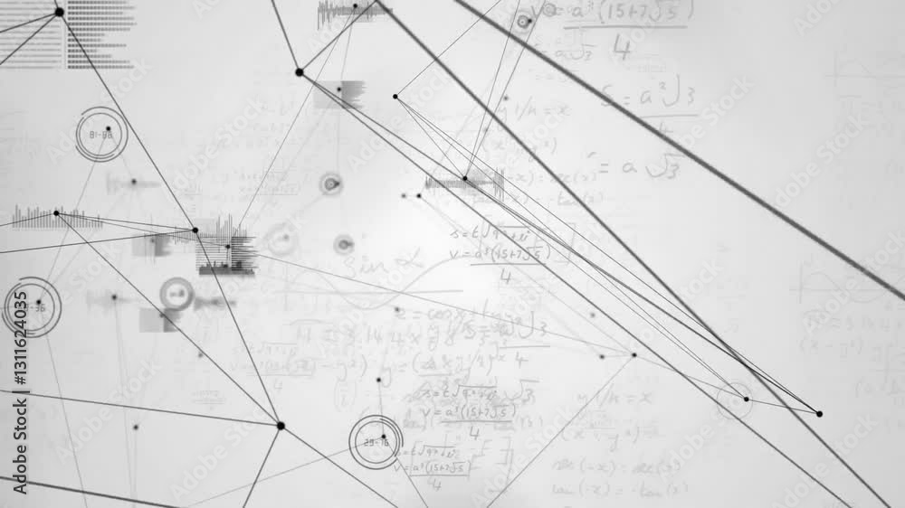 Poster animation of geometric lines and nodes over equations on white background