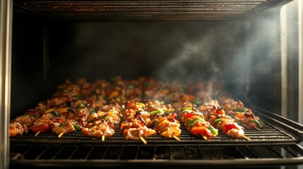Grilled skewers cooking on smoky barbecue grill with vegetables
