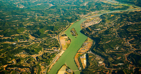 View From Airplane Window On Surroundings Of Chengdu, China. Min River In Central Sichuan Province....