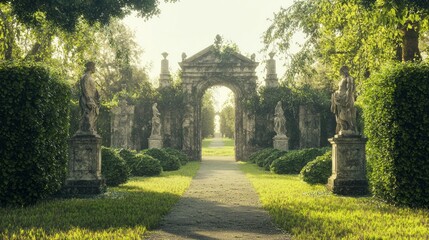 Fototapeta premium Monumental Gatehouse Surrounded by Lush Greenery and Statues