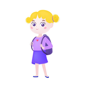 Little school girl with bag. Illustration of cute child with backpack. Flat graphic llustration isolated on white background