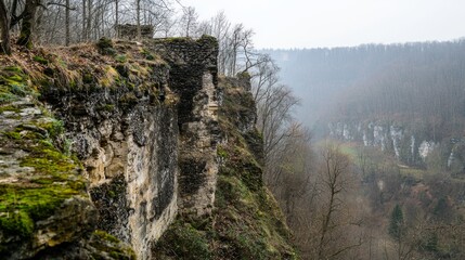 Crumbling Fortress Ramparts Overlooking Misty Valley Landscape