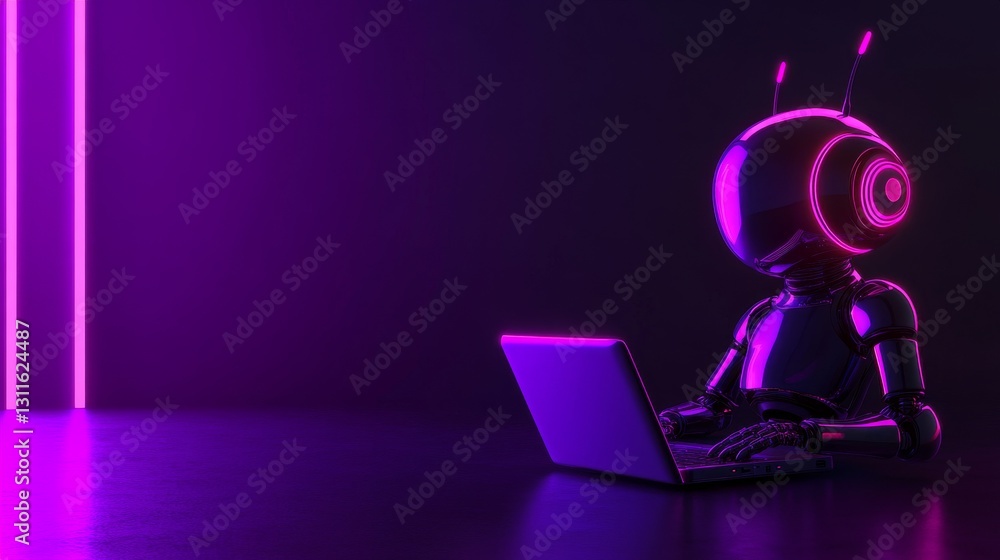 Poster a minimalist robot with neon-lit elements works on a laptop in a dark, minimalist space. the scene. 