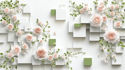 Fototapeta premium Peach roses, geometric cubes, wall decor, floral design, home interior