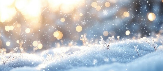 Winter snow creates a beautiful blurred abstract background featuring white snowflakes, golden bokeh lights, and frosty blue hues, ideal for Christmas.