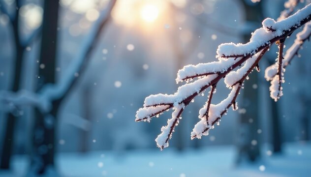 Snowflakes gently falling on the branches of a frozen Distelfinken tree on a Weber Karden in deep winter, branch, frosty, karden