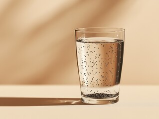 Glass of water with chia seeds on beige background, Minimalist style. Symbol of women's health and balanced nutrition.