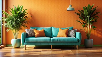 Surreal Modern Living Room: Turquoise Sofa, Orange Walls, Lush Plant