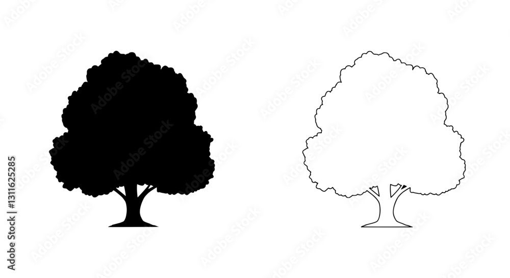 Poster silhouette of a tree: a graphic representation of a majestic tree in two distinct styles, a solid bl