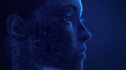 A side profile of a woman's face blended with glowing blue circuit patterns, symbolizing the integration of human intelligence and advanced technology. The dark blue background adds to the tech