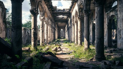 Naklejka premium Open Air Hall with Rows of Broken Pillars and Ruins in Nature