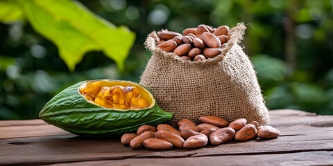 Cacao beans displayed on wooden table tropical environment food photography close-up view natural concept