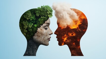 A creative representation of two heads, one embodies nature with greenery, while the other symbolizes destruction with fire and smoke.