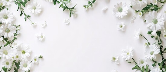 Fototapeta premium Elegant white flower arrangement with greenery on a white background, showcasing delicate blooms in a close-up flat lay ideal for invitations.