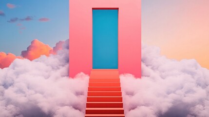 A surreal scene featuring a pink doorway with a blue center, leading up a staircase through fluffy clouds against a colorful sky.