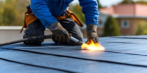 Roofing professional using torch for heat application residential area safety hazard daylight close-up concept of danger