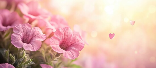 Obraz premium Soft pink petunias in focus on the left with a pastel bokeh heart background and warm toned light creating a serene and dreamy atmosphere.