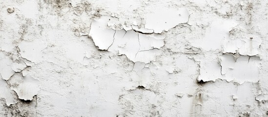 Obraz premium Textured white wall with peeling paint and cracks showcasing dampness, featuring gray and muted browns in uneven patches across the surface.